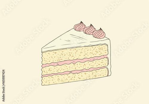 Slice of layered cake illustration on plain background for cards, web use, menu