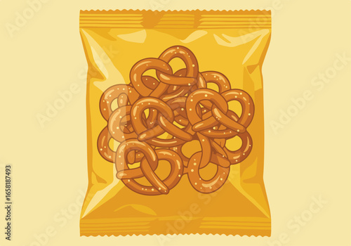Pretzels packaged in yellow foil sitting on a yellow background for snack product use
