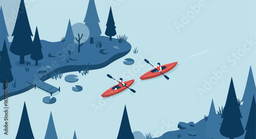 Paddling kayaks on a lake surrounded by stylized pine trees, used for web design