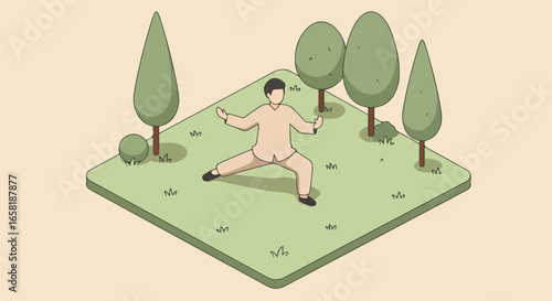 Cartoon man practicing Tai Chi, outdoors, trees backdrop, peacefulness concept