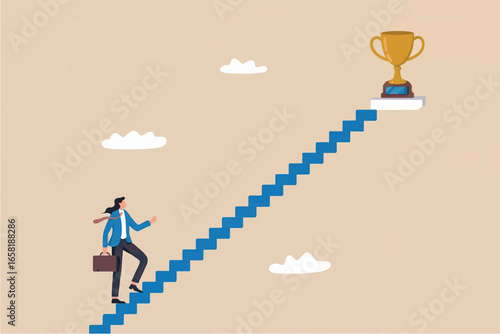 Ambitious business person climbs pixelated blue stairs towards a golden trophy representing success and achievement in career growth