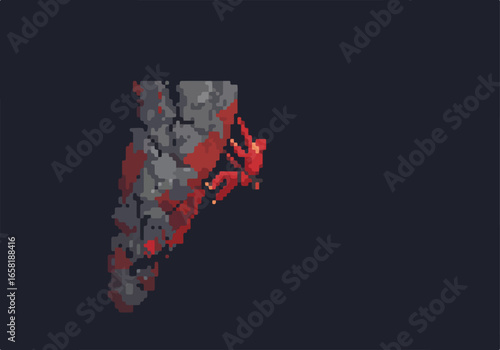 Pixel person climbing rock with void background. For video games or web design