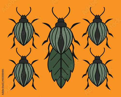 Cartoon Illustration of Five Striped Bugs with a Green Leaf on Orange Background
