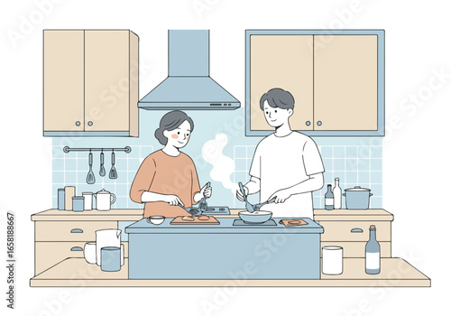Couple cooking together in kitchen with cabinetry and equipment; use for lifestyle