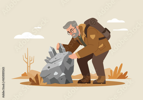 Man Inspects Crystals on a Desert Rock, Clouds Behind, For science, hiking, research