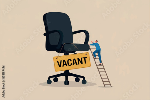 Office chair with vacant sign and ladder represents empty workspace and job opportunity