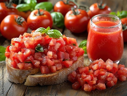 Bruschetta topped with diced tomatoes, basil, and a glass of tomato juice
