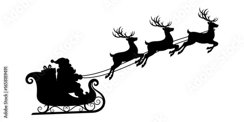 Santa Claus is flying in sleigh with Christmas reindeer. Silhouette of Santa Claus, sleigh with Christmas presents and reindeer .vector eps 10