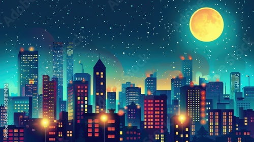 A vibrant cityscape illustration featuring skyscrapers under a starry night sky with a full moon shining brightly