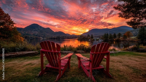 Two red chairs face a lake with mountains reflecting sunset colors in still water