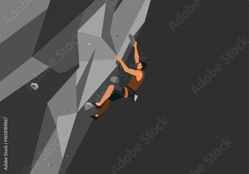 Climber on rock wall, reaching high, dark background; concept challenge, strength