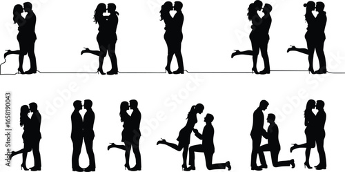 Romantic couple silhouette set, love and proposal poses, Valentine kiss moments, relationship illustration, dating artwork, wedding concept vector