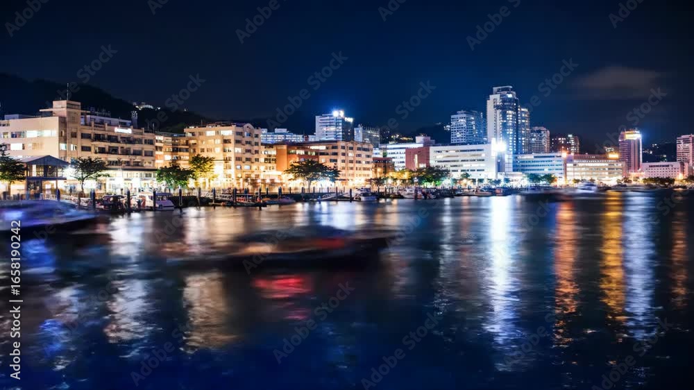 City skyline at night reflected in water, illuminated buildings City skyline at night reflected in water, illuminated buildings