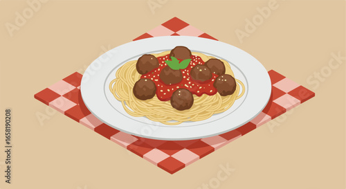 Isomatric pasta and meatballs on checkered cloth, for an infographic or food blog