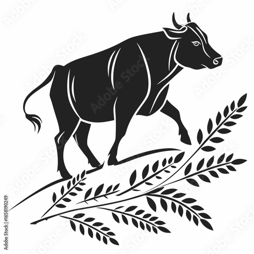 Black Bull with Wheat Stalks Illustration