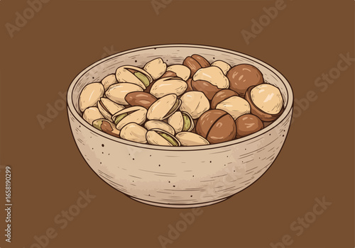 Pistachios and macadamia nuts in bowl, isolated on brown background for snacks