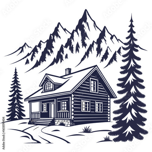 Rustic Mountain Cabin Illustration Art