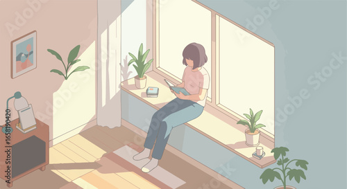 Girl reads, sitting near plants on a bright window sill. Sunlight on a cozy room floor