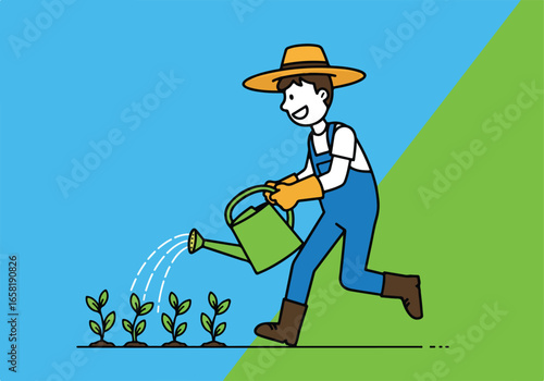 Farmer waters crops in field with watering can, with blue skies for background
