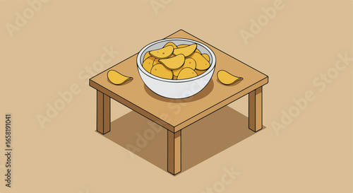 Crisps in bowl on brown table in isometric view, beige background for a blog, ad