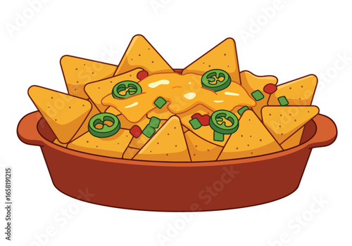 Bowl of nachos with melted cheese, jalapenos, and diced tomatoes for casual eating
