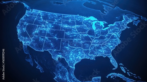 A digital map of the United States, illuminated in blue, highlighting various states with glowing outlines and features.