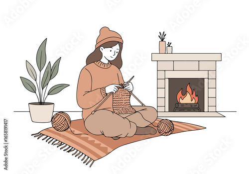 Woman knitting at home with a fireplace burning in background for craft projects