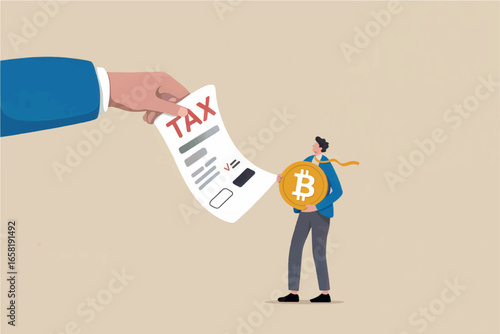 Financial concept bitcoin tax payment businessman hand giving tax form to small figure holding cryptocurrency