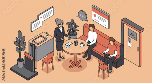Businesswoman greets clients in a cafe with stylized communication bubbles