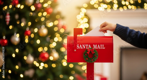 A child's hand mails a letter to Santa Claus in a festive red mailbox creating a magical Christmas moment with a beautifully lit tree in the warm background