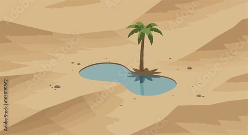 Palm tree grows by oasis in desert, isolated use, illustration