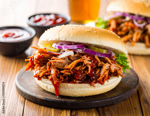 Delicious Pulled Pork Sandwich with BBQ Sauce, Pickles, and Red Onion on Wooden Board