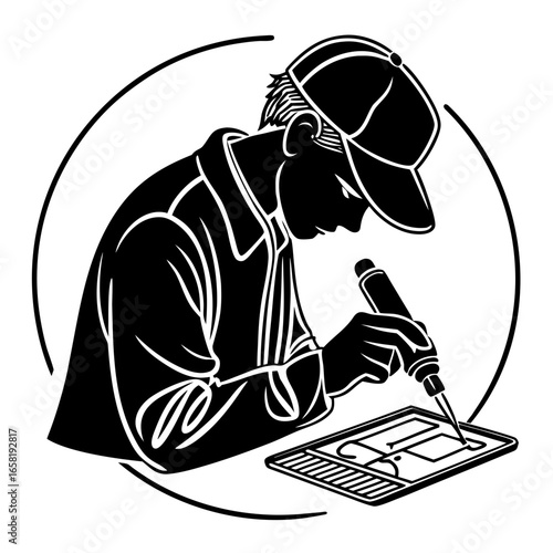 Technician Working On A Blueprint
