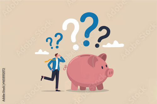 Confused businessman standing next to piggy bank with large question marks symbolizing financial uncertainty and dilemmas