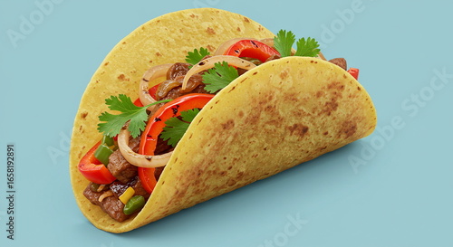 Beef Fajita Taco with Peppers, Onions, and Cilantro on Blue Background