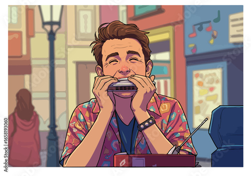 Cartoon man plays harmonica on street with music in the background for website