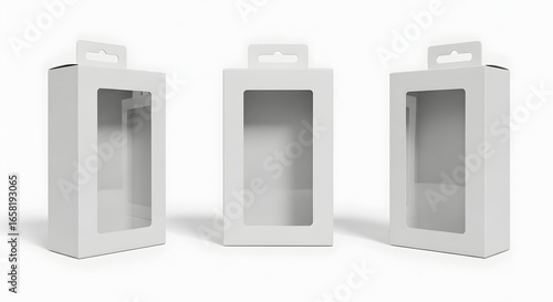Three white cardboard boxes with transparent windows and hanging tabs are displayed on a white background.