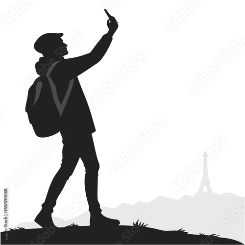 Tourist taking selfie in front of Eiffel Tower