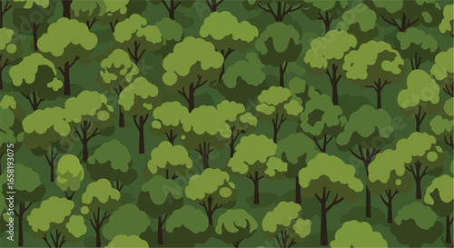 Dense cartoon forest with many trees for backgrounds and graphic usage