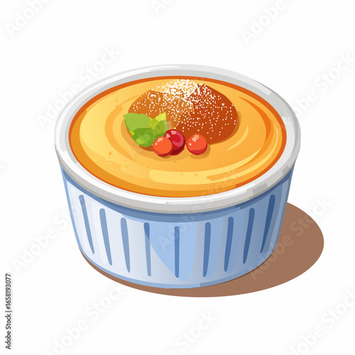A cartoon illustration of a creme brulee dessert in a blue ceramic ramekin, garnished.