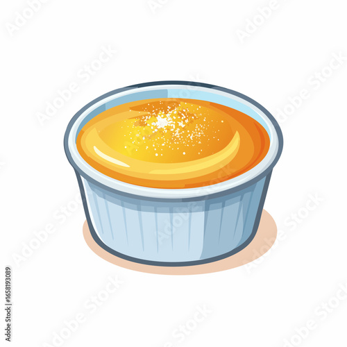 Creme brulee dessert in a small, light-blue cup.