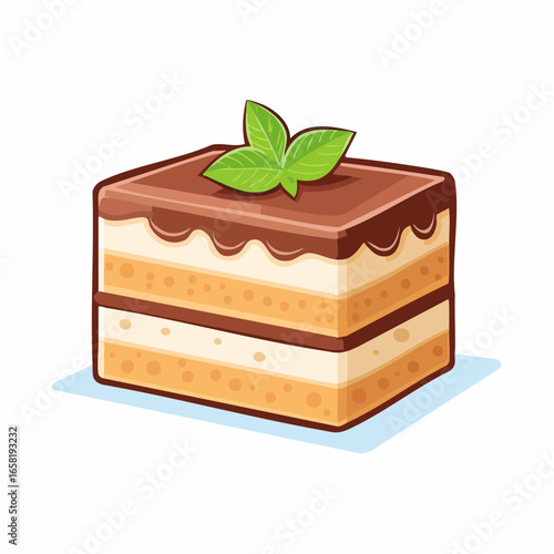 Cartoon illustration of tiramisu cake with chocolate topping and mint leaves on a white background.