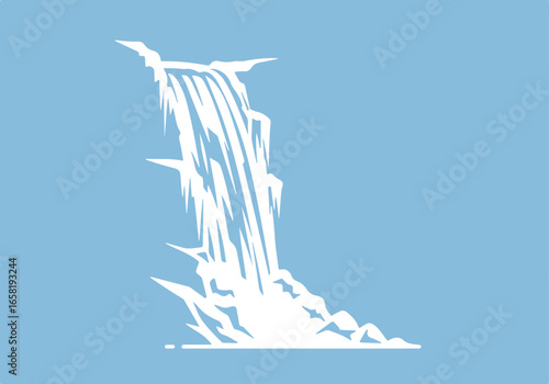 White waterfall cascades down icy rocks against light blue background, for travel