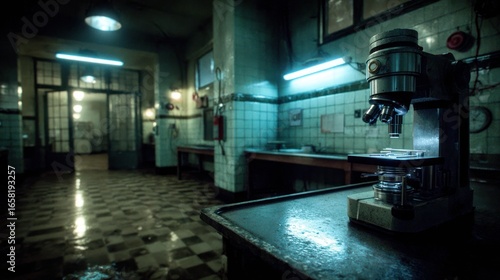 A dim, gritty lab with microscope. Tile, old machines, and open doors with unclear figures