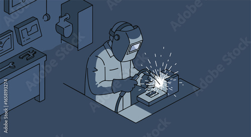 Welder uses a welding machine in a workshop. Drawings displayed in background