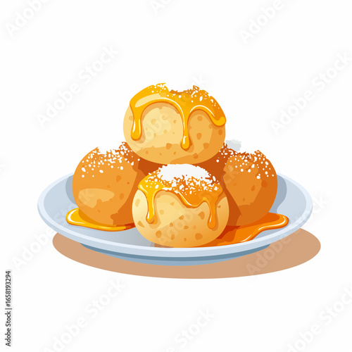 Greek loukoumades with honey drizzle and powdered sugarand on a plate.