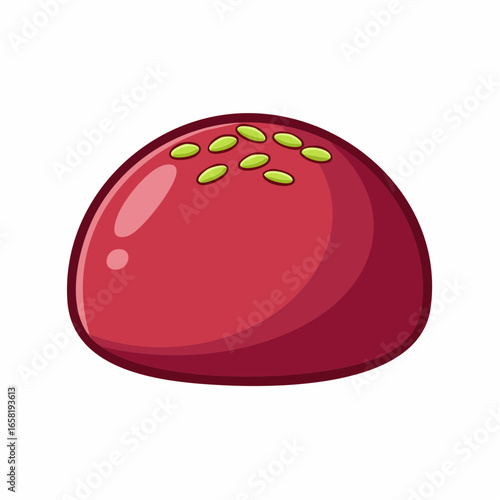 A vibrant red bean daifuku mochi, delicately topped with sesame seeds, presented against a stark white background.