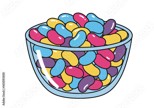 Candy Glass bowl full of assorted, colorful jellybeans on white, for illustration use