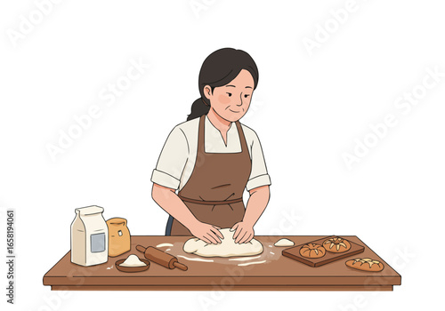 Woman kneading dough at table; ingredients, baking background, recipe illustration