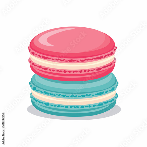 Two stacked colorful macarons, pink and teal, with a creamy filling.